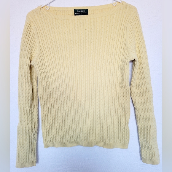 Lauren Ralph Lauren Women's Cable Knit Stretch Cotton Sweater Yellow Boat Neck M - Picture 11 of 11